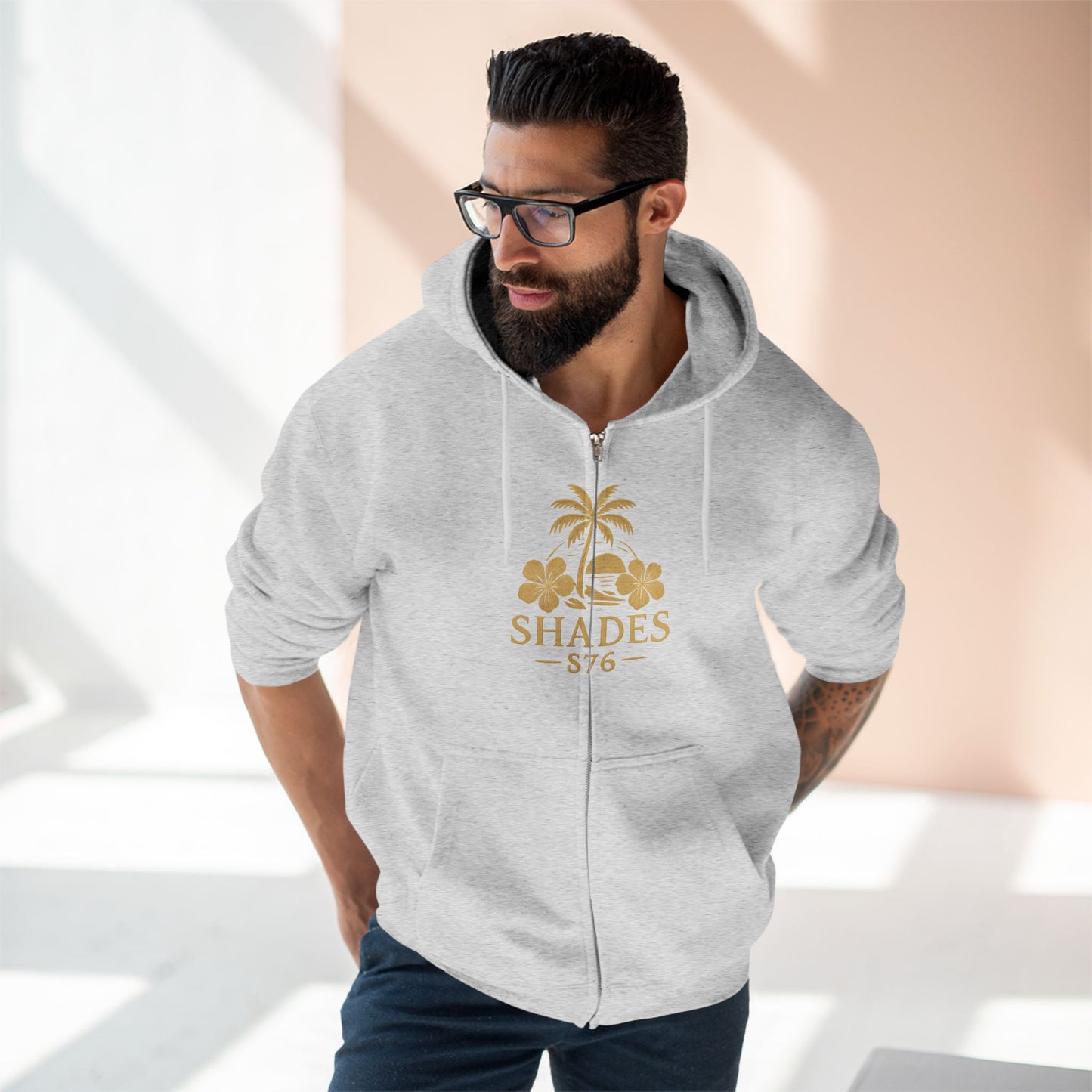 Shades 876 Tropical Zip Hoodie — Gold Palm Tree Beach Design