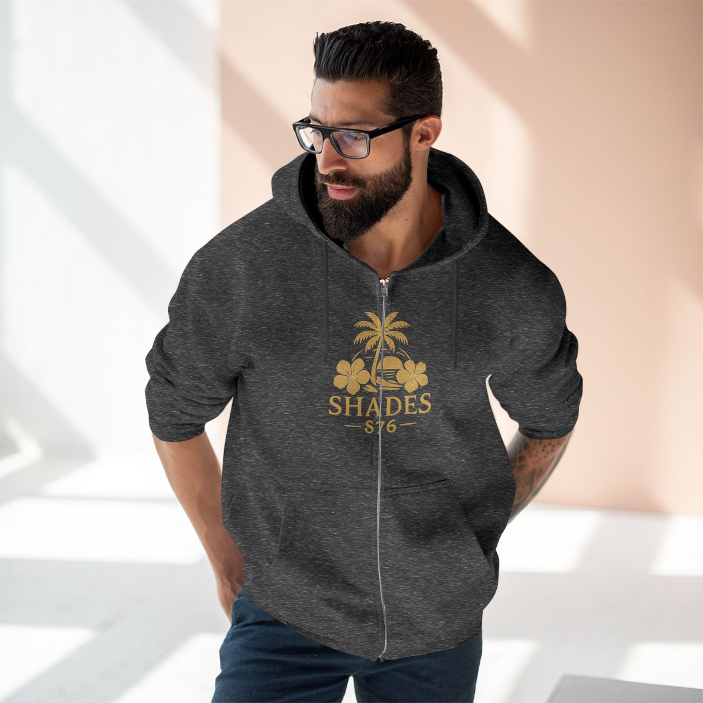 Shades 876 Tropical Zip Hoodie — Gold Palm Tree Beach Design