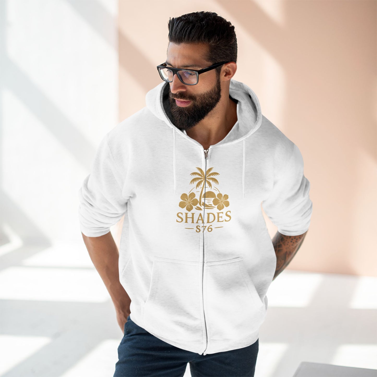 Shades 876 Tropical Zip Hoodie — Gold Palm Tree Beach Design