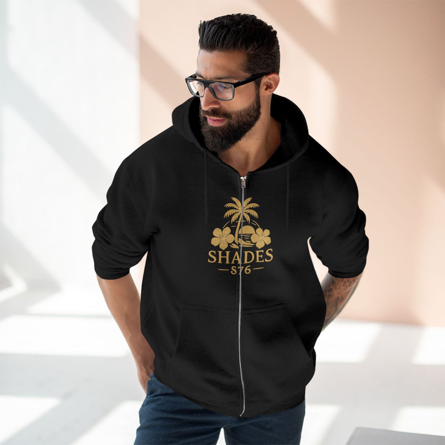 Shades 876 Tropical Zip Hoodie — Gold Palm Tree Beach Design