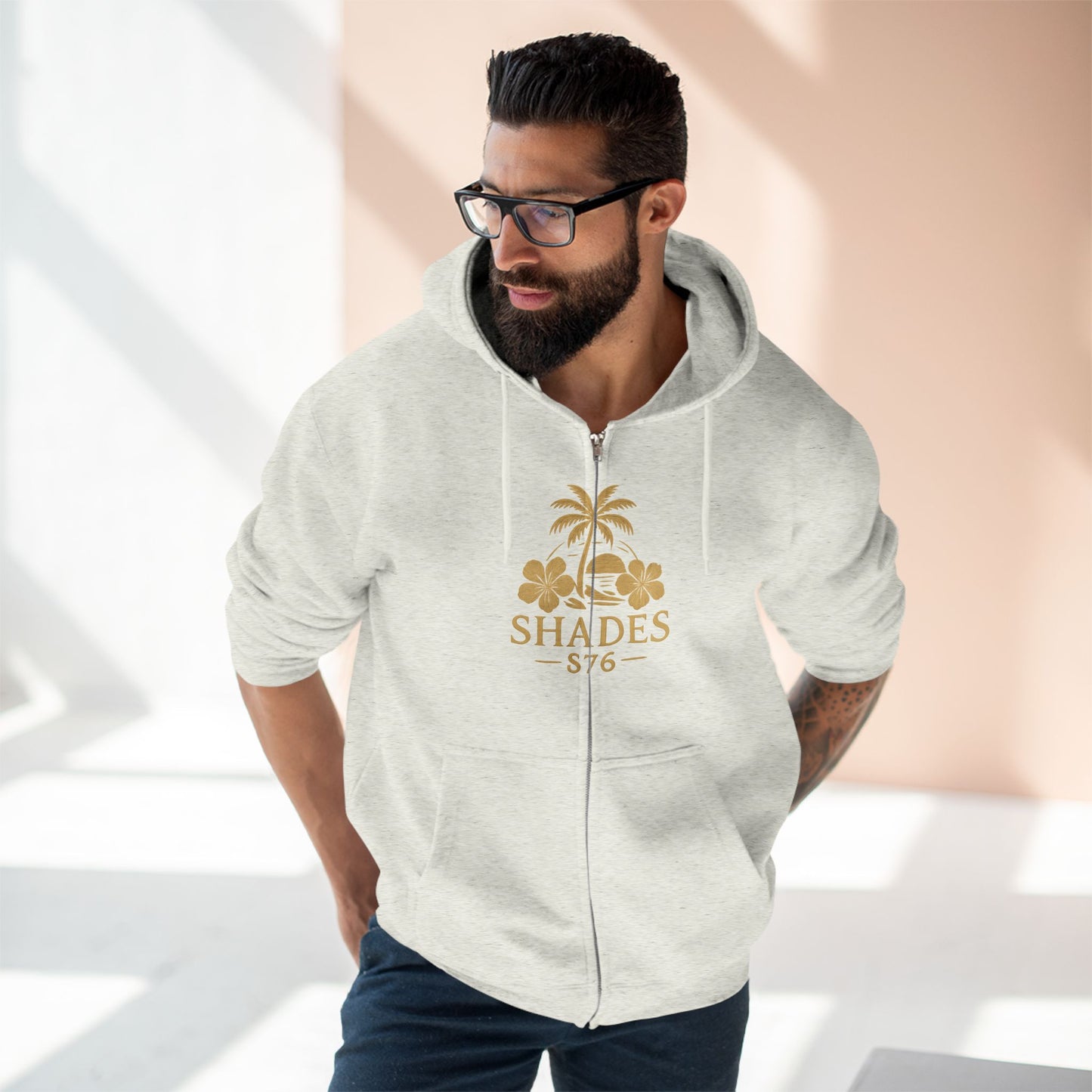 Shades 876 Tropical Zip Hoodie — Gold Palm Tree Beach Design
