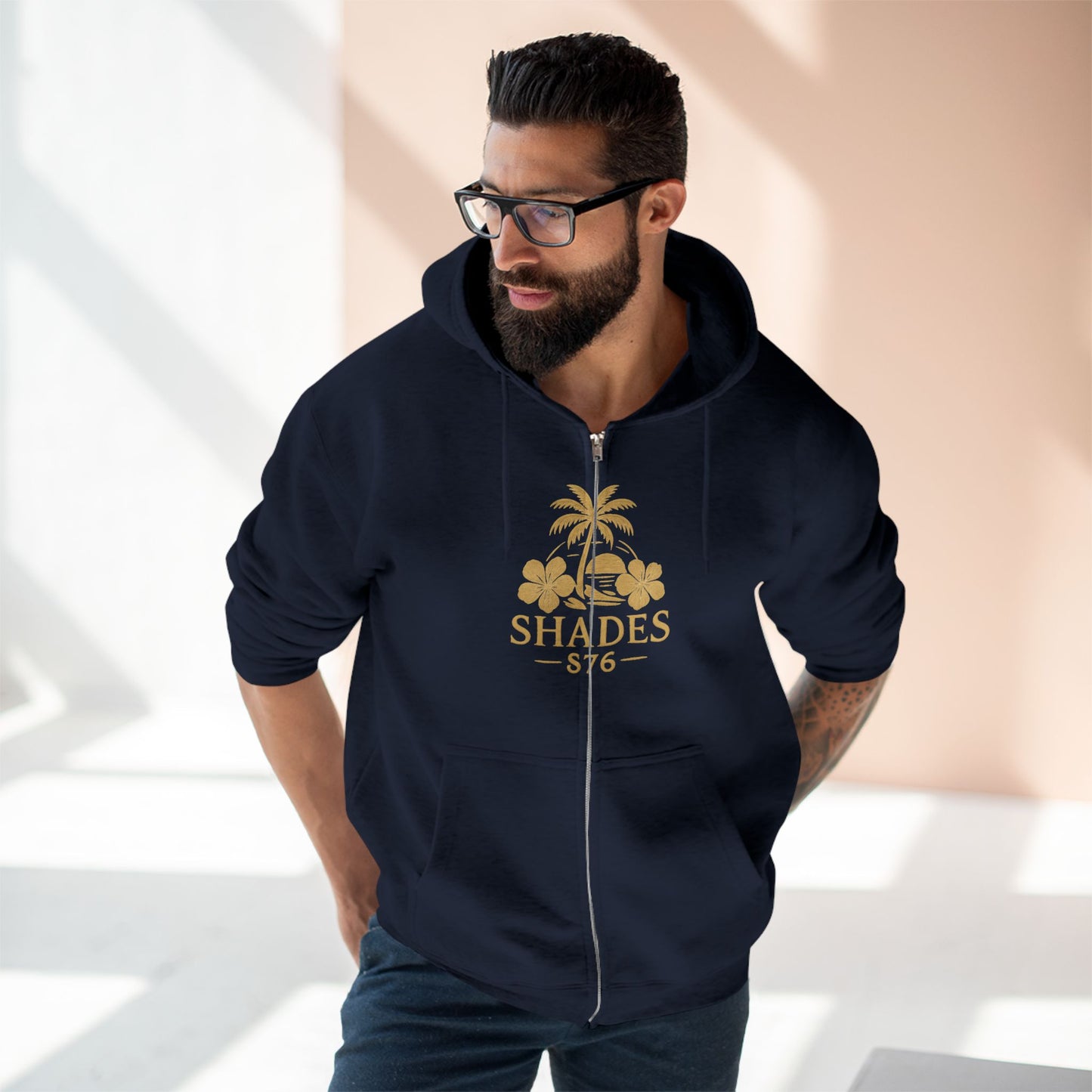 Shades 876 Tropical Zip Hoodie — Gold Palm Tree Beach Design