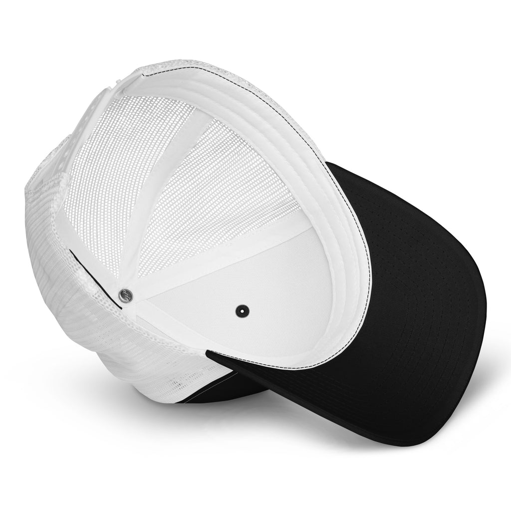 Black and white adjustable trucker cap – fabric and construction details