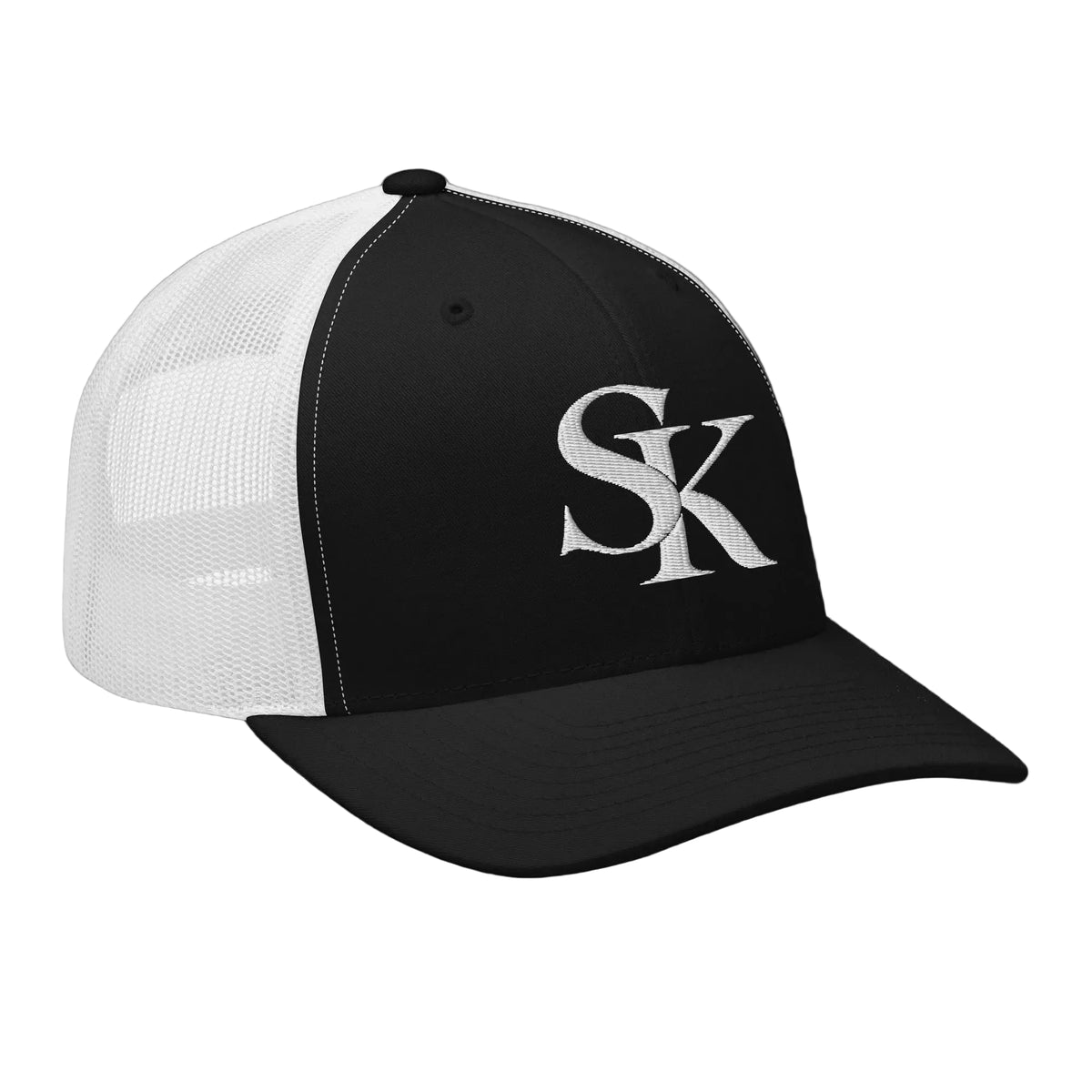Saint Kingston black and white mesh trucker cap – right front view