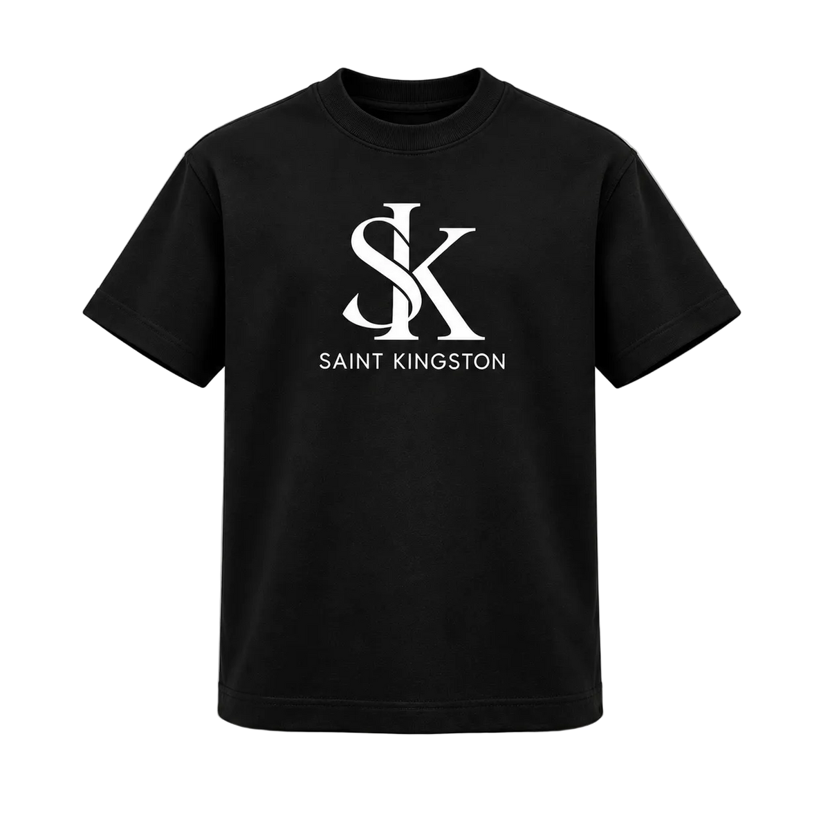 The Sovereign Box Tee by Saint Kingston — black with white SK monogram, front mockup