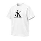 The Sovereign Box Tee in white with black SK logo — angle mockup