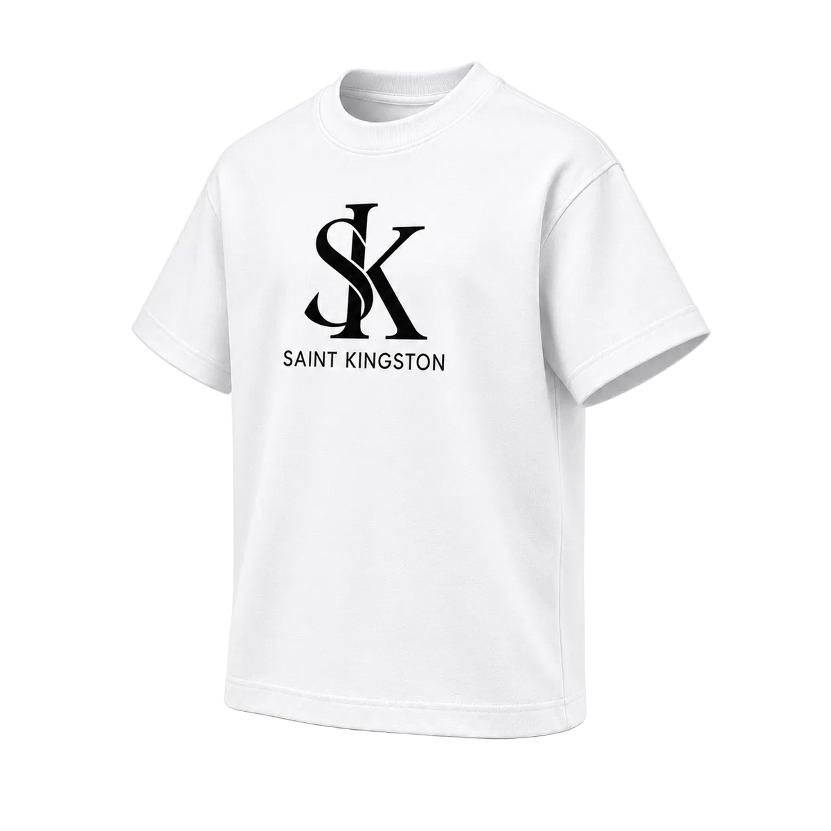 The Sovereign Box Tee in white with black SK logo — angle mockup