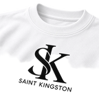The Sovereign Box Tee in white with black SK logo — detail mockup
