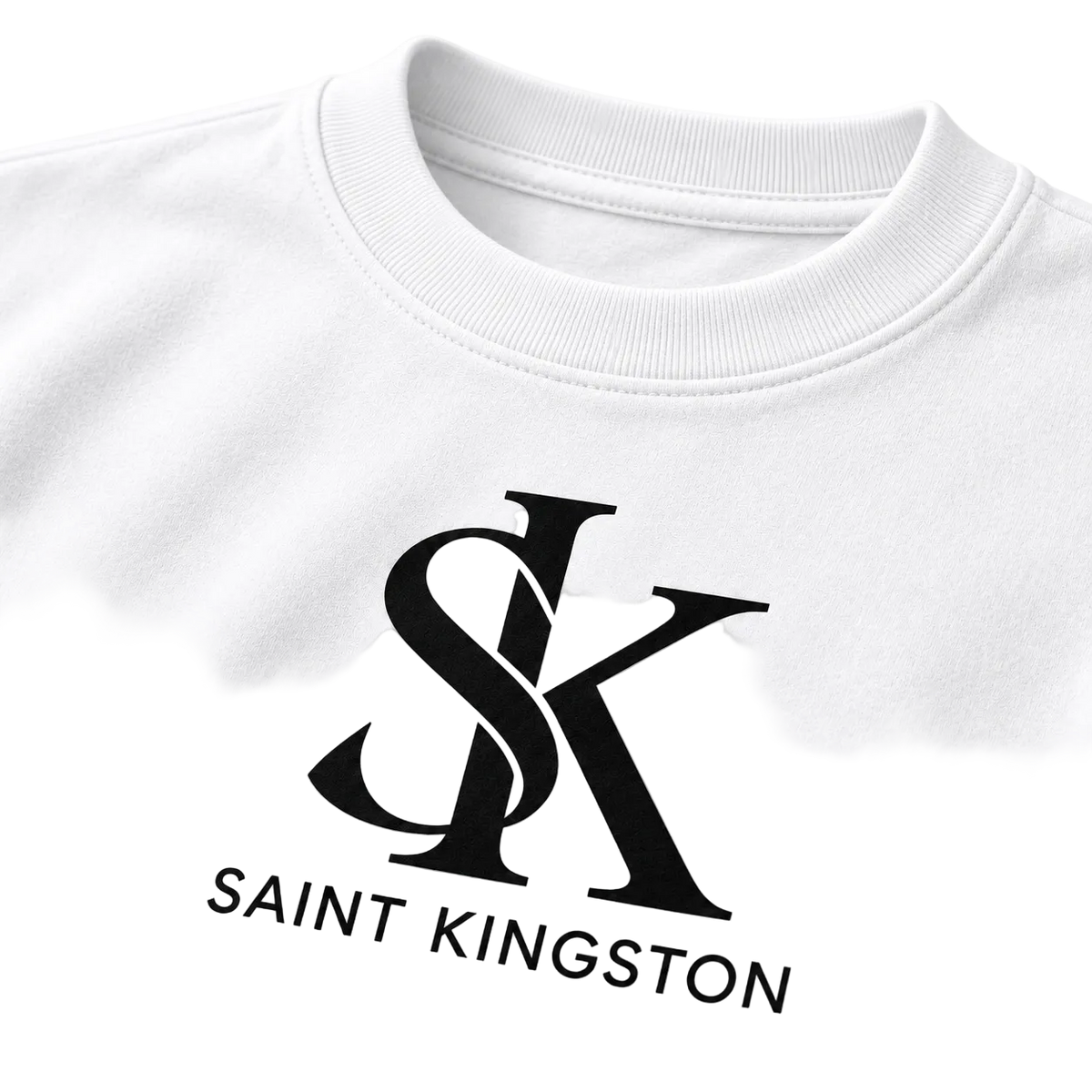 The Sovereign Box Tee in white with black SK logo — detail mockup