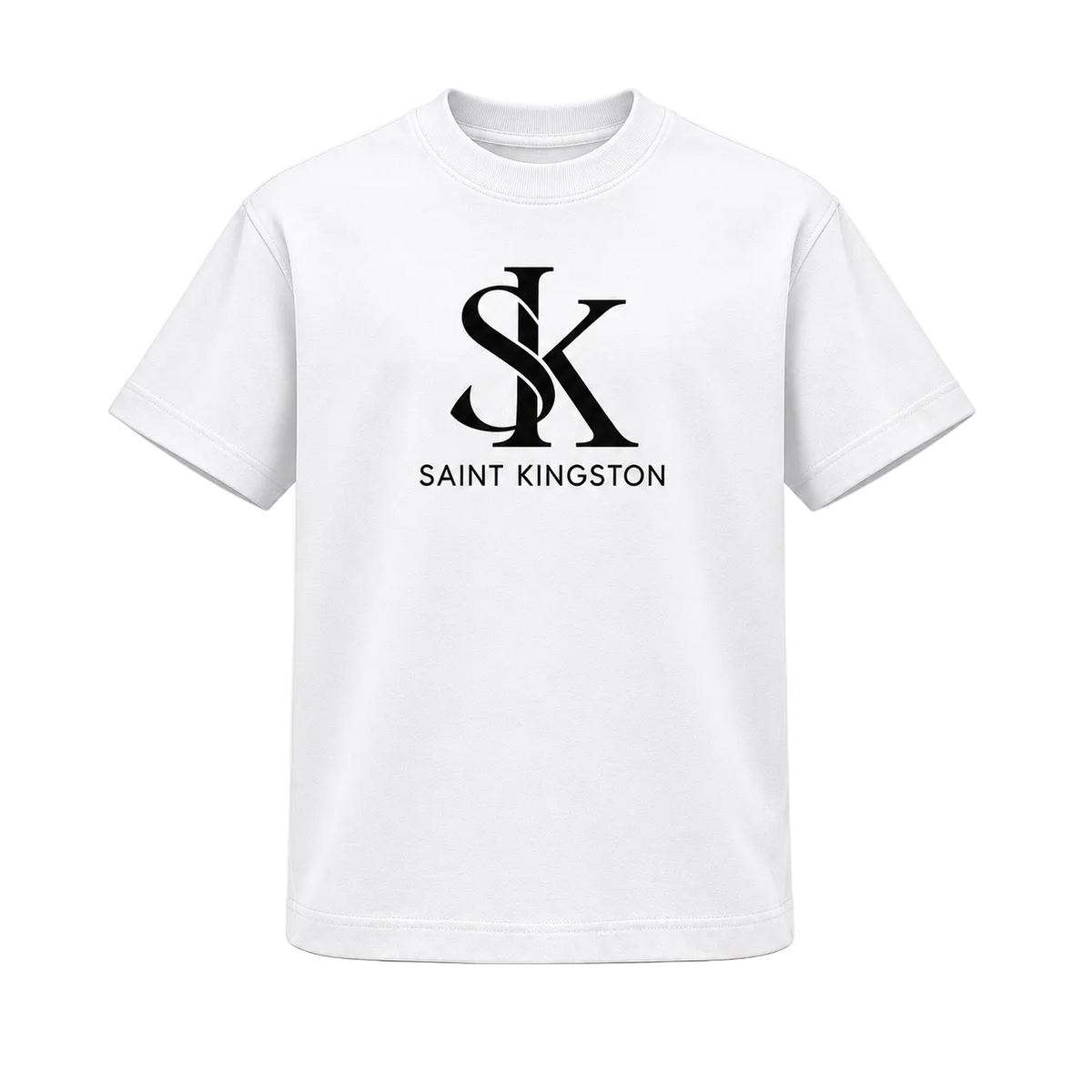 The Sovereign Box Tee in white with black SK logo — front mockup